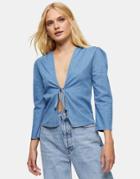 Topshop Tie Front Denim Blouse In Blue-blues