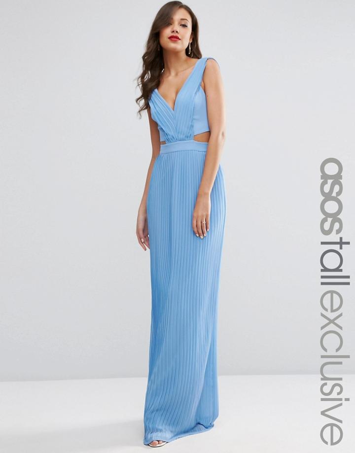 Asos Tall Pleated Maxi Dress With Cut Out Side - Pale Blue