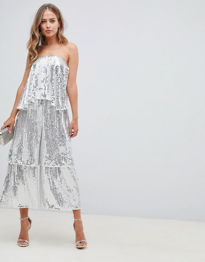 Asos Design Bandeau Embellished Jumpsuit With Tiered Leg-silver