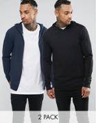 Asos Lightweight Muscle Overhead Hoodie/zip Up Hoodie 2 Pack Black/ Navy - Multi