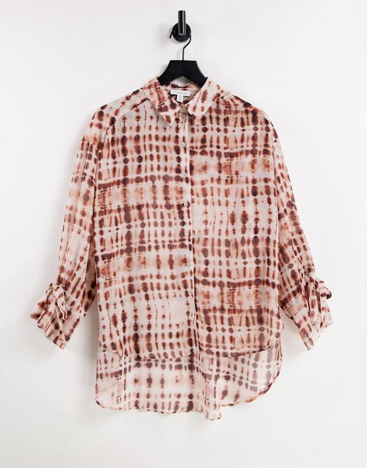 Topshop Sheer Tie Dye Print Oversized Shirt In Rust-red