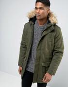 Only & Sons Parka With Faux Fur Hood - Green