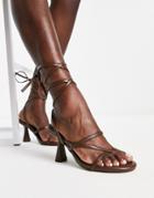 Bershka Wrap Around Detail Heeled Sandal In Chocolate-brown