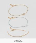 Asos Pack Of 3 Pearl And Arrow Charm Anklets - Gold
