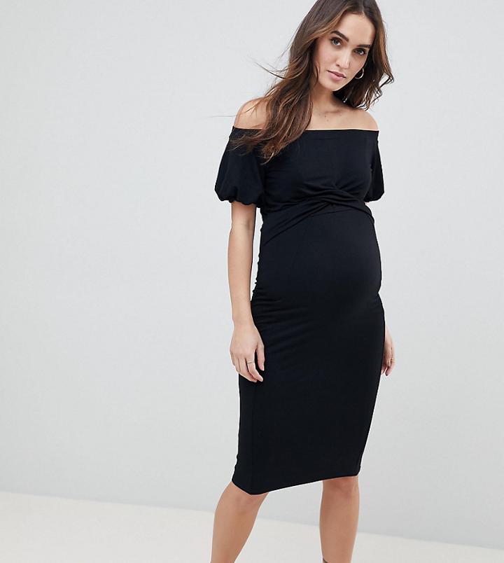 Asos Design Maternity Nursing Bardot Midi Dress With Twist Front - Black