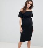 Asos Design Maternity Nursing Bardot Midi Dress With Twist Front - Black