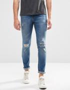 Pull & Bear Super Skinny Jeans In Mid Wash With Rips - Blue