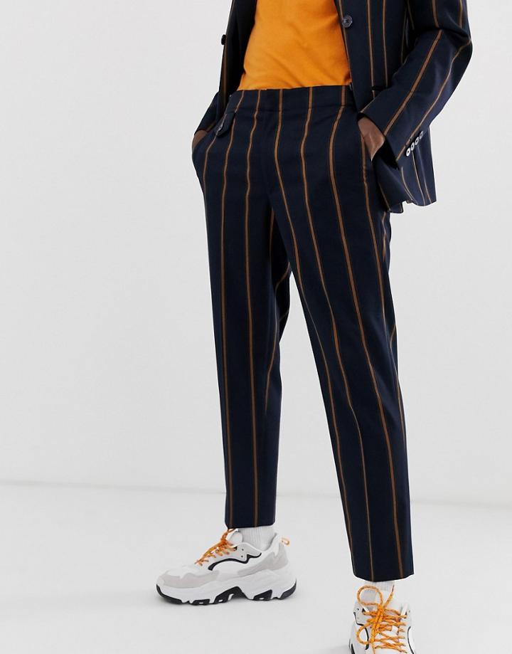 Asos Design Skinny Crop Suit Pants In Navy Wide Stripe - Navy
