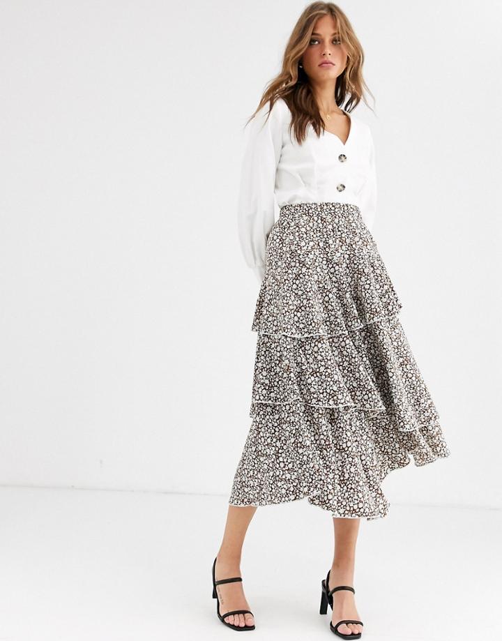 Vila Ditsy Floral Tiered Asymmetric Floral Midi Skirt-brown