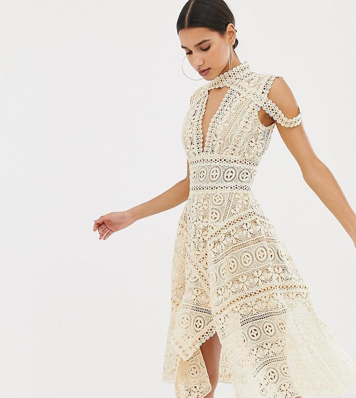 Club L Cross Over Crochet Trim Detailed Skater Dress - Beige