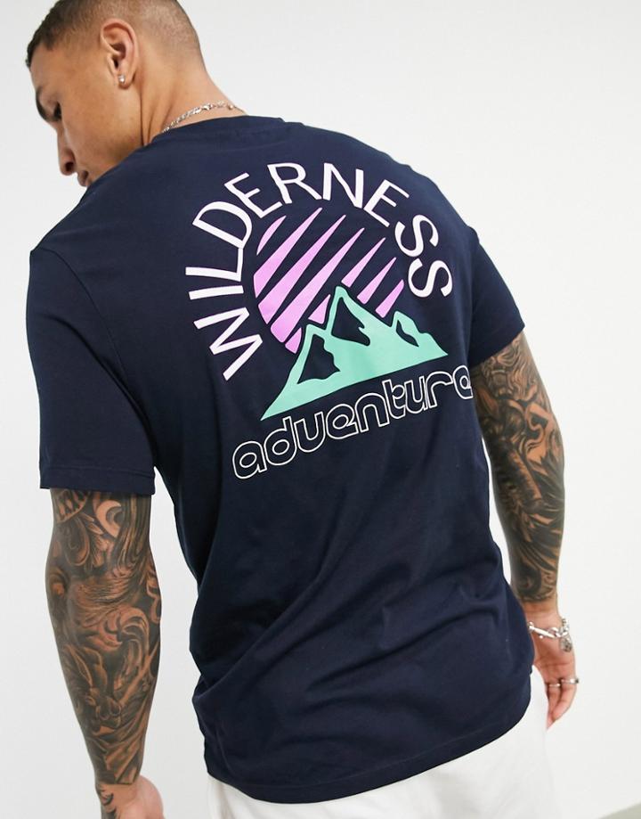 Asos Design T-shirt In Navy Organic Cotton With Mountain Back Print