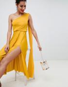 Asos Design One Shoulder Cape Pleated Midi Dress - Gold