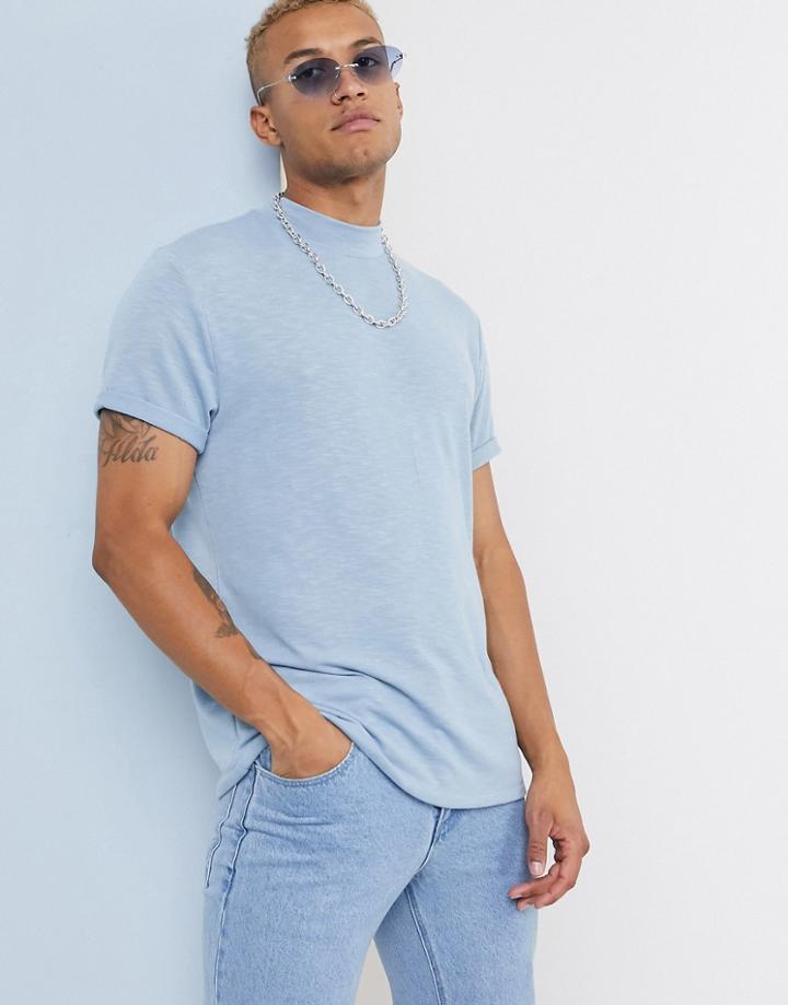 Asos Design Relaxed T-shirt With Turtleneck And Roll Sleeve In Interest Slub In Blue