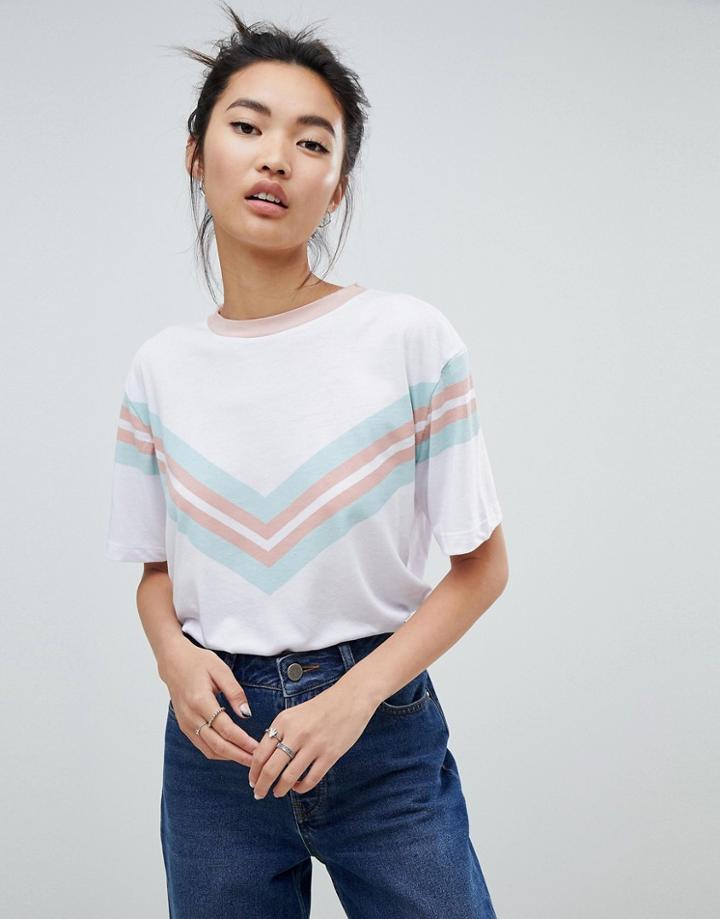 Neon Rose Vintage Ringer T-shirt With Sports Chevron Print - White