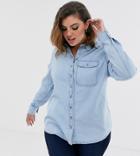 Asos Design Curve Denim Shirt With Pocket In Mid Wash Blue