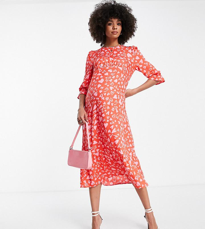 Nobody's Child Maternity Frill Midi Tea Dress In Red Heart Print-pink
