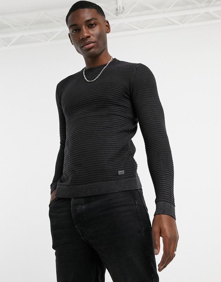 Only & Sons 12 Washed Structured Crew Neck Knit Sweater In Black