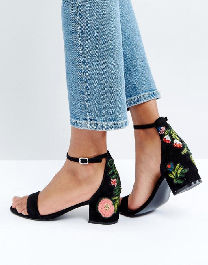 Steve Madden Inca Suede Embroidered Mid Heeled Sandals - Black