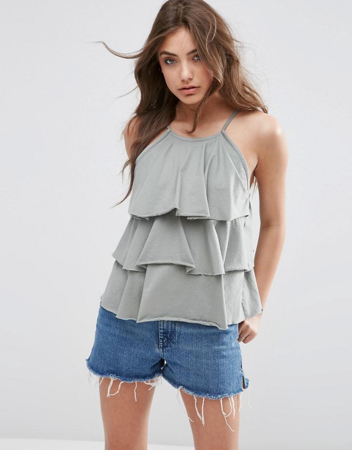 Asos Cami With Washed Ruffles - Khaki