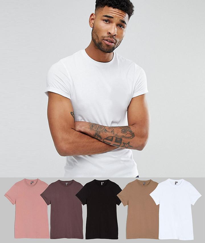 Asos Tall Crew Neck T-shirt With Roll Sleeve 5 Pack Save - Multi