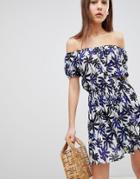 Brave Soul Zora Off Shoulder Dress In Palm Print - Blue