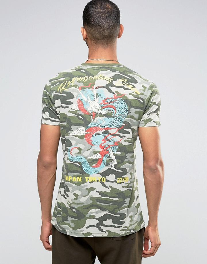 Asos Longline T-shirt In Camo With Japanese Style Back Print - Green