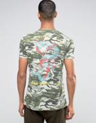 Asos Longline T-shirt In Camo With Japanese Style Back Print - Green