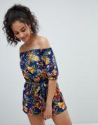 Rock & Religion Off Shoulder 3/4 Sleeve Tropical Print Romper - Multi