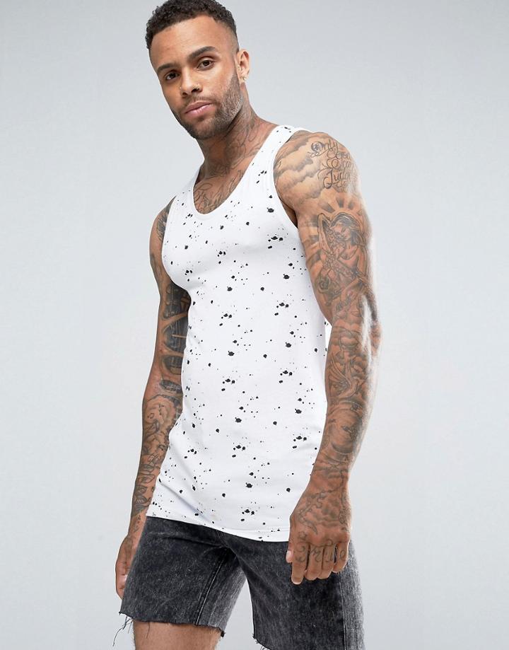Asos Longline Extreme Muscle Tank With Splatter Print - White