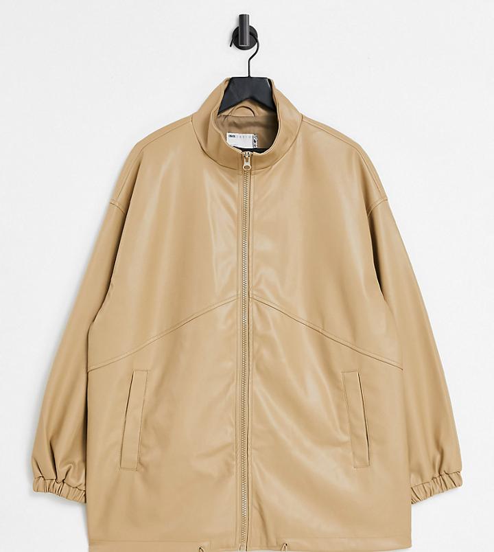 Asos Design Curve Faux Leather Bomber Jacket In Camel-grey