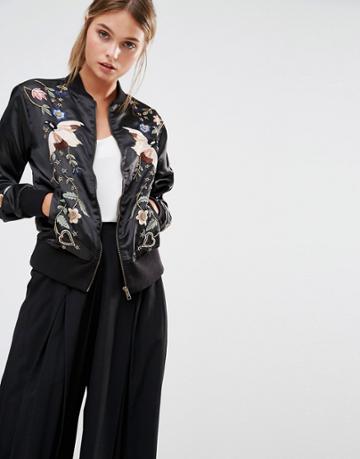 Frock And Frill Embroidered Embellished Bomber Jacket - Black