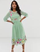 Asos Design Double Layer Embroidered Midi Dress - Green