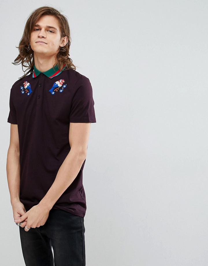 Asos Longline Polo With Bird Embroidery And Tipped Collar - Red