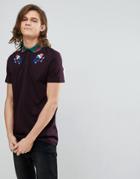 Asos Longline Polo With Bird Embroidery And Tipped Collar - Red