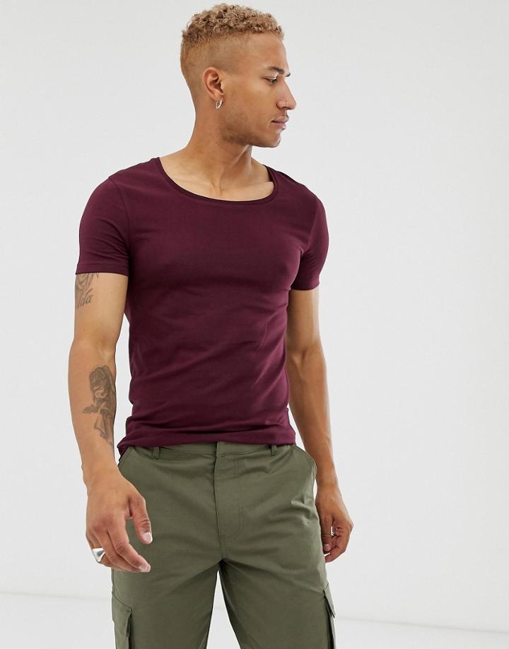 Asos Design Muscle Fit T-shirt With Scoop Neck In Burgundy - Red