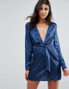Missguided Silky Plunge Wrap Dress - Navy
