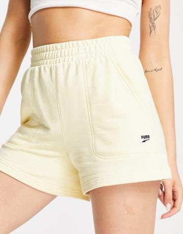 Puma Downtown High Rise Shorts In Pale Yellow-blue