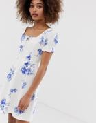 Neon Rose Tea Dress In Floral Embroidered Fabric - Blue