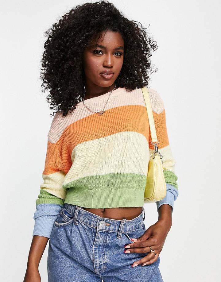 Cotton: On Cotton Cropped Sweater In Rainbow Stripe Print-multi
