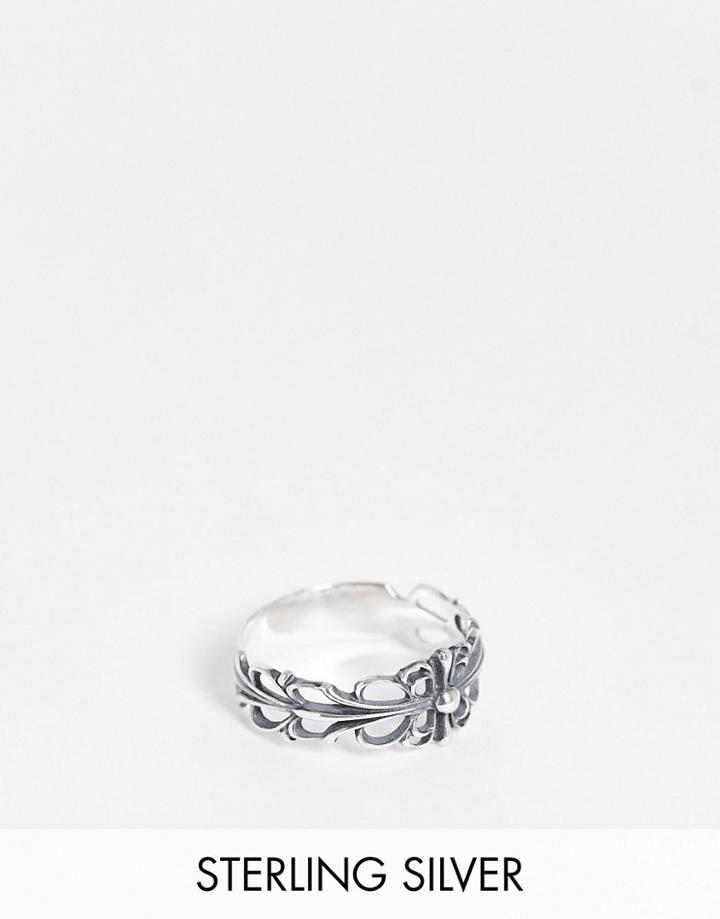 Asos Design Sterling Silver Vintage Inspired Band Ring With Fleur De Lis
