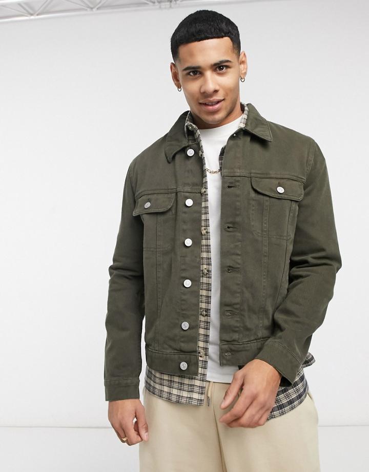 Asos Design Denim Western Jacket In Dark Khaki-green