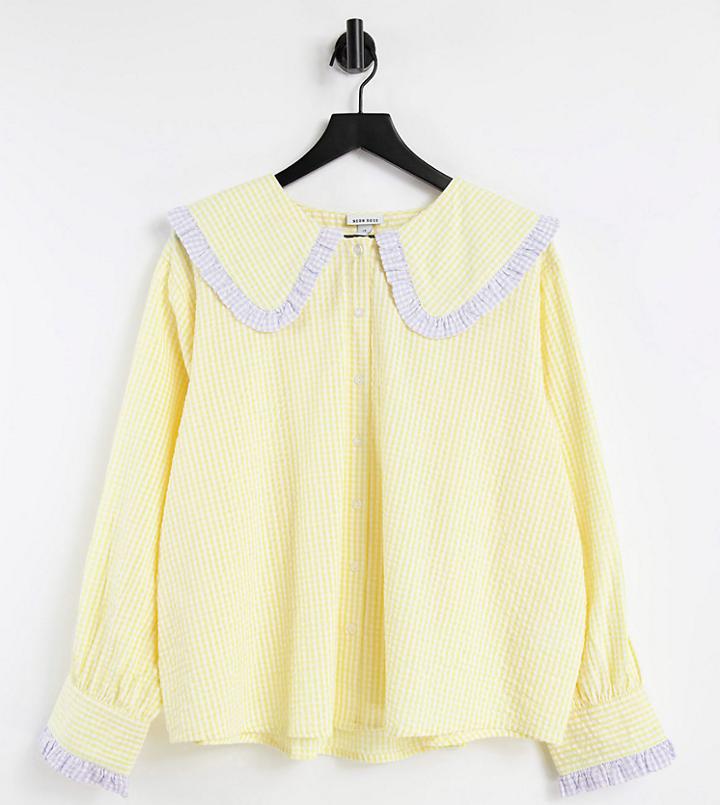 Neon Rose Plus Relaxed Shirt With Oversized Collar In Gingham-yellow