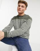 Asos Design Knitted Breton Stripe Sweater In Khaki-green