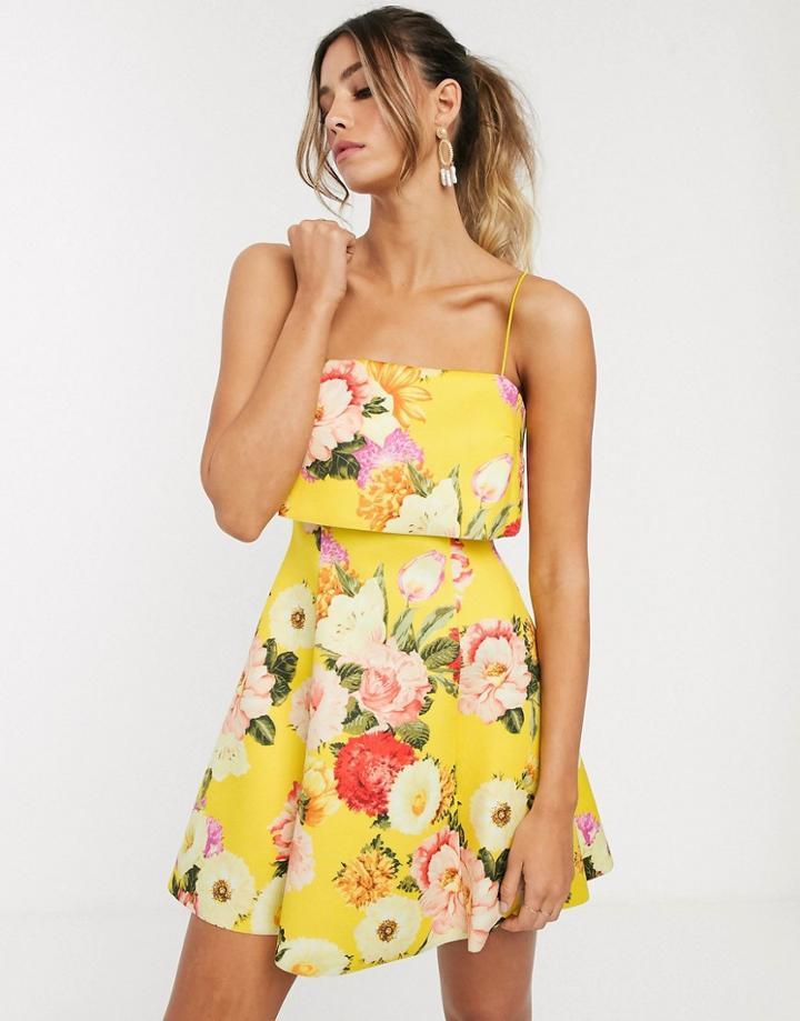 Asos Design Crop Top Scuba Skater Mini Dress In Yellow Floral Print - Multi