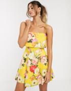 Asos Design Crop Top Scuba Skater Mini Dress In Yellow Floral Print - Multi