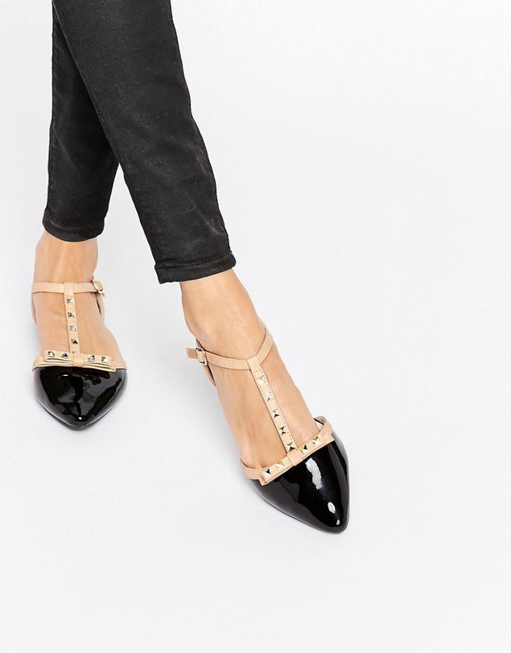 Daisy Street T-bar Stud Point Black Flat Shoes - Multi