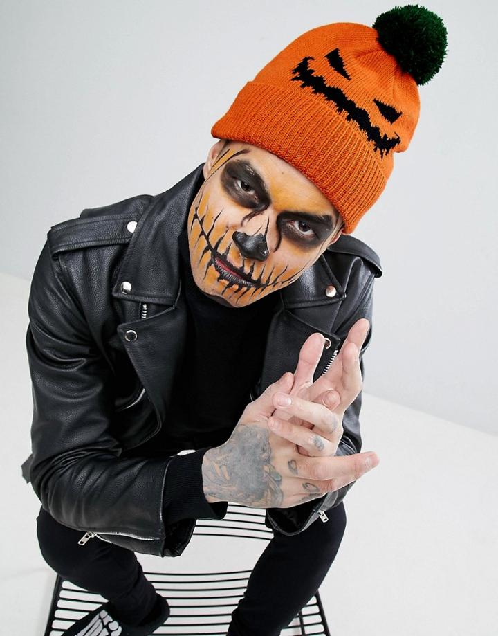 Asos Halloween Beanie With Pumpkin Design - Orange