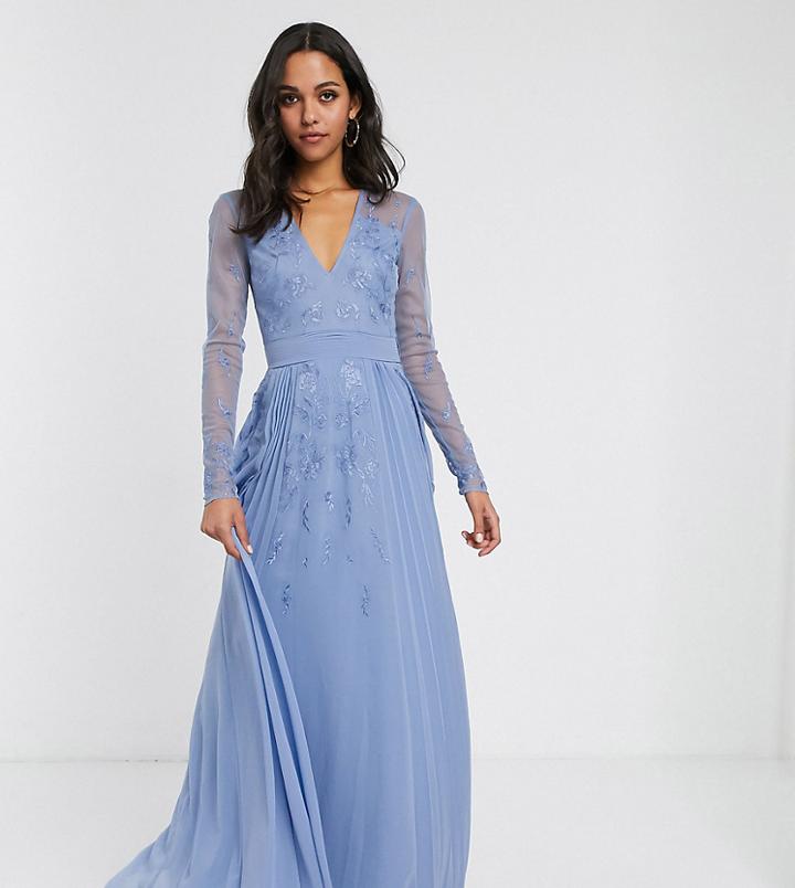 Asos Design Tall Embroidered Pleated Mesh Detail Maxi Dress-gray