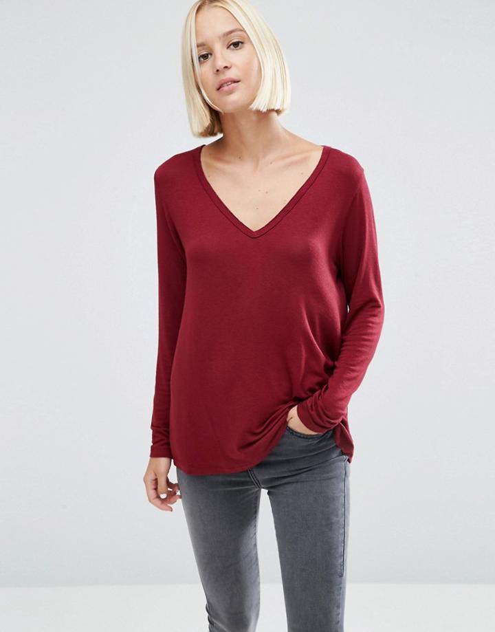 Asos The New Forever T-shirt With Long Sleeves And Dip Back - Red