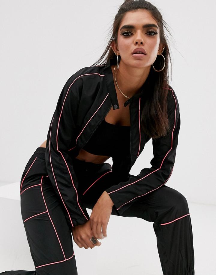 Qed London Contrast Piping Cropped Jacket In Black And Pink Two-piece